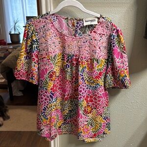 Savanna Jane Pink and Yellow Smocked Blouse with Short Sleeves